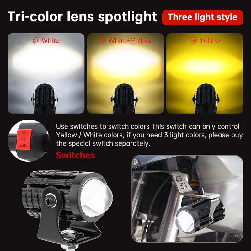 Windance 2pcs 32W LED Motorcycle Headlight with Switch, Yellow White Dual Color Hi/Lo Beam for Motorcycle, 2400LM 3000K 6000K Crash Bar Front Fork Spotlight (Spotlights+Brackets (2 pack)) - Image 2